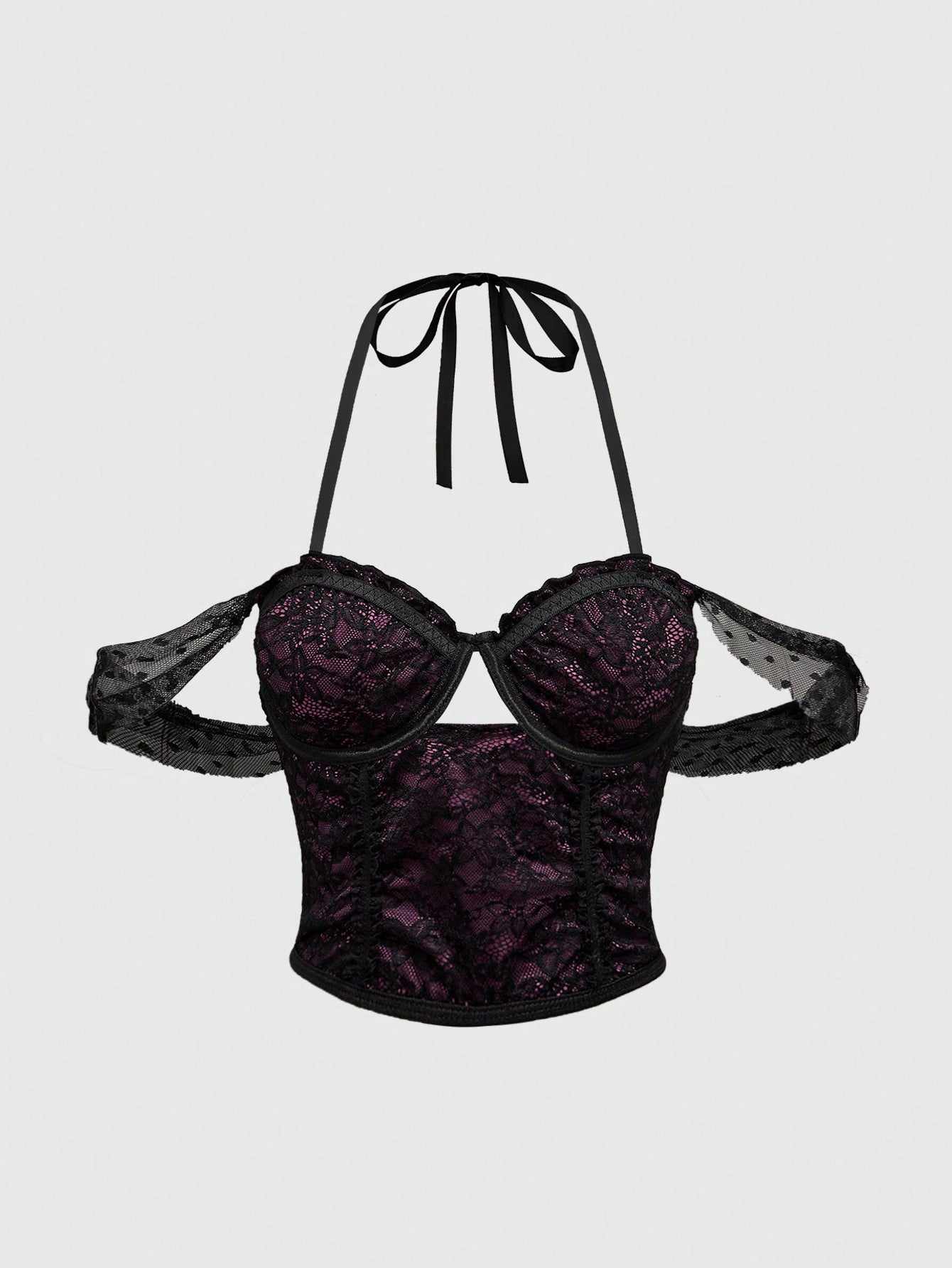 ROMWE Grunge Punk Parte superior gráfica de mujer con escote halter de encaje morado calado y sexy