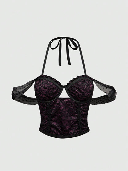ROMWE Grunge Punk Parte superior gráfica de mujer con escote halter de encaje morado calado y sexy