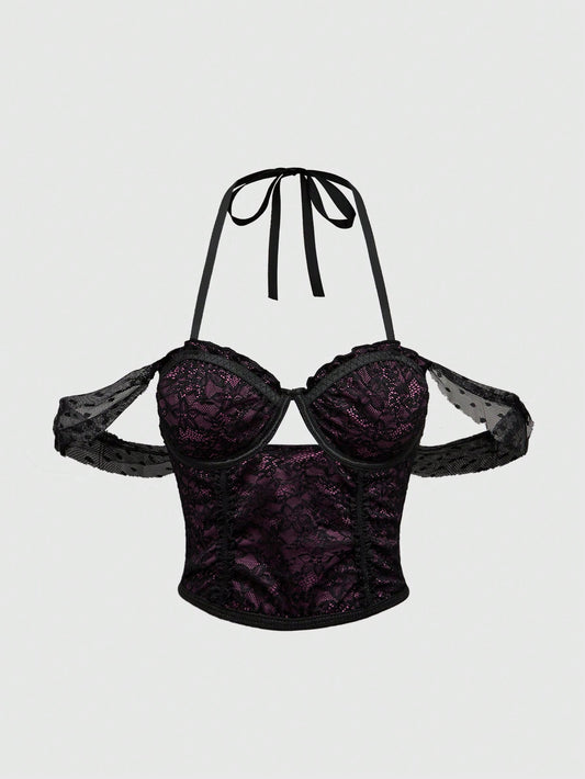 ROMWE Grunge Punk Parte superior gráfica de mujer con escote halter de encaje morado calado y sexy