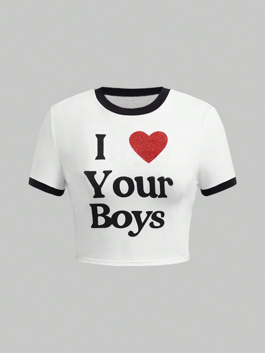 ROMWE Grunge Punk Camiseta De Mujer De Manga Corta Con Eslogan Y Corazón Impreso En Contraste De Colores