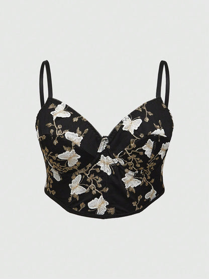 ROMWE Goth Camiseta interior floral y de mariposa bordada con malla de contraste elegante y de talla grande, ideal para verano