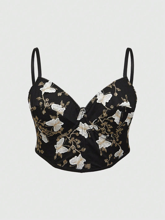 ROMWE Goth Camiseta interior floral y de mariposa bordada con malla de contraste elegante y de talla grande, ideal para verano