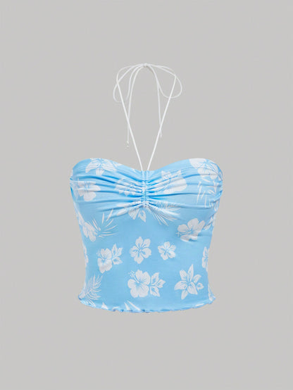 SHEIN MOD Top de tanque sin mangas con cuello halter, cordón y estampado floral para mujer en el verano