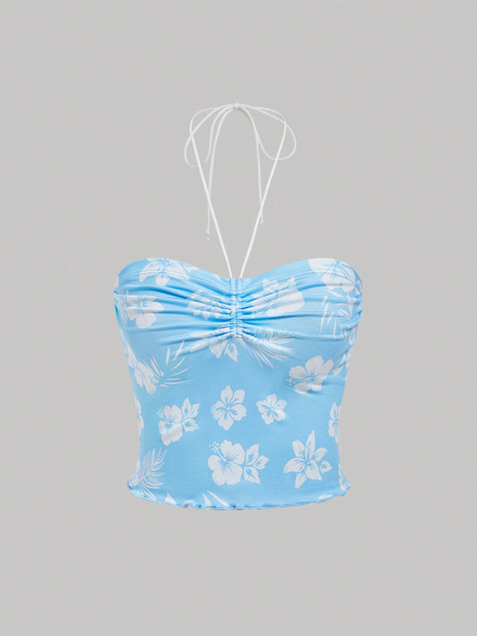 SHEIN MOD Top de tanque sin mangas con cuello halter, cordón y estampado floral para mujer en el verano
