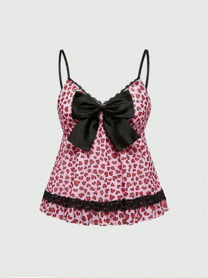 ROMWE J-Fashion Camiseta de tirantes con lazo y estampado de leopardo para mujer, perfecto para el Día de San Valentín