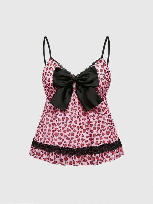 ROMWE J-Fashion Camiseta de tirantes con lazo y estampado de leopardo para mujer, perfecto para el Día de San Valentín