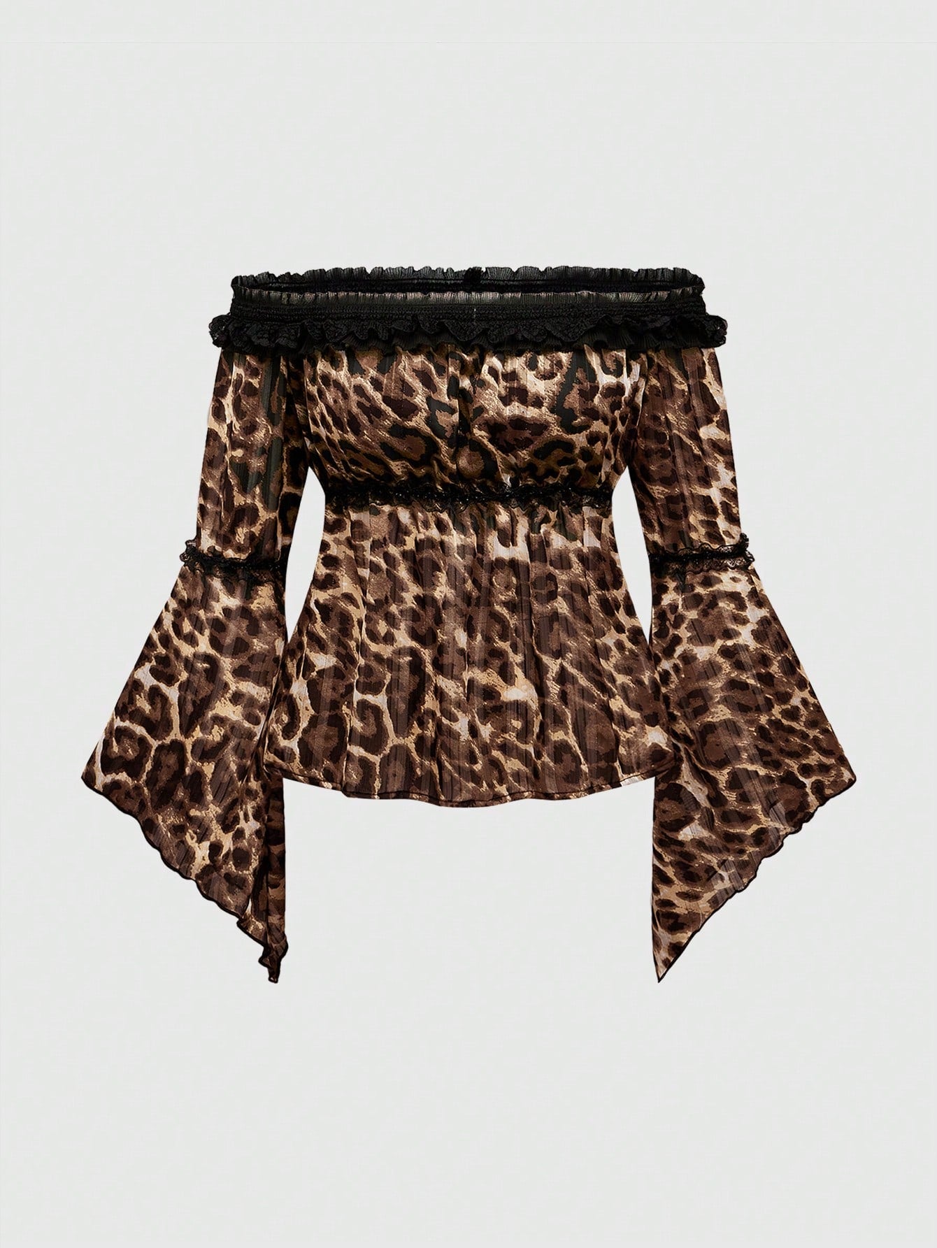 ROMWE Hippie Blusa de mujer de manga de campana asimétrica con hombros descubiertos, de gasa con estampado metálico de leopardo y malla