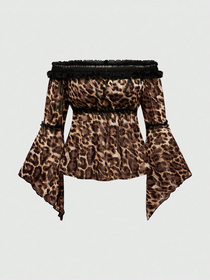 ROMWE Hippie Blusa de mujer de manga de campana asimétrica con hombros descubiertos, de gasa con estampado metálico de leopardo y malla
