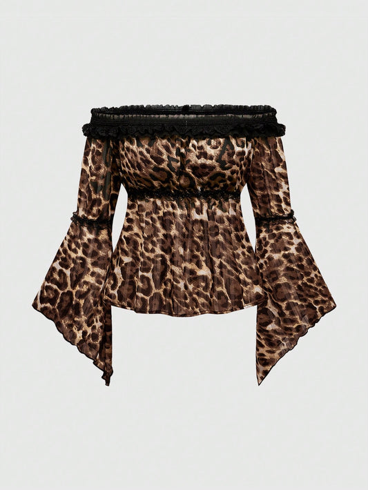 ROMWE Hippie Blusa de mujer de manga de campana asimétrica con hombros descubiertos, de gasa con estampado metálico de leopardo y malla