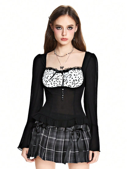 ROMWE Kawaii Blusa de gasa de manga acampanada vintage dulce para mujeres