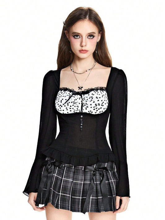 ROMWE Kawaii Blusa de gasa de manga acampanada vintage dulce para mujeres