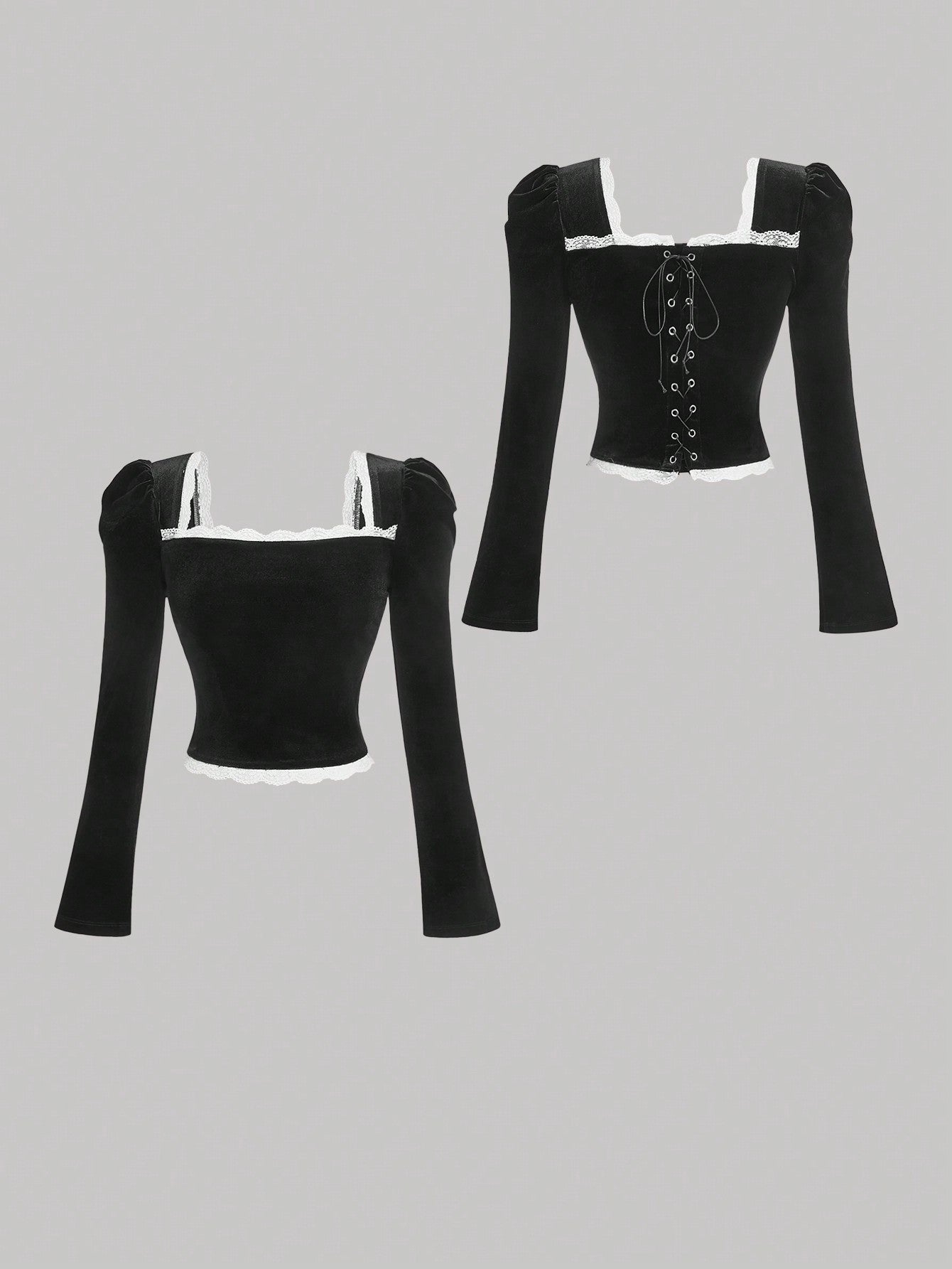 SHEIN MOD Camiseta de manga larga con cuello cuadrado de terciopelo negro para mujer, camiseta de invierno, camiseta "Old Money", estilo "Old Money" para mujer, atuendos de rave de festival, top de cuello cuadrado