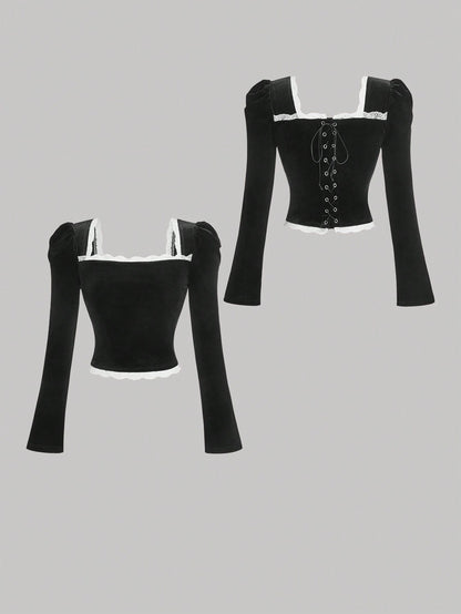SHEIN MOD Camiseta de manga larga con cuello cuadrado de terciopelo negro para mujer, camiseta de invierno, camiseta "Old Money", estilo "Old Money" para mujer, atuendos de rave de festival, top de cuello cuadrado