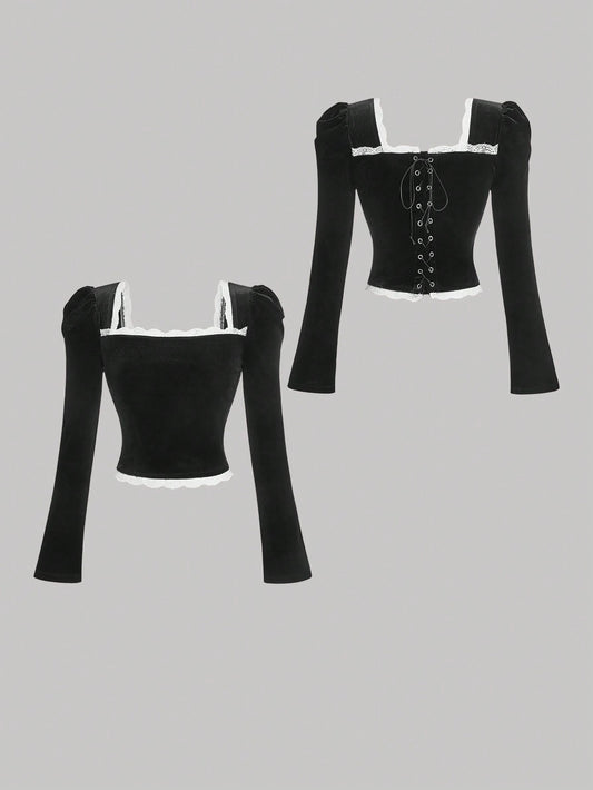 SHEIN MOD Camiseta de manga larga con cuello cuadrado de terciopelo negro para mujer, camiseta de invierno, camiseta "Old Money", estilo "Old Money" para mujer, atuendos de rave de festival, top de cuello cuadrado