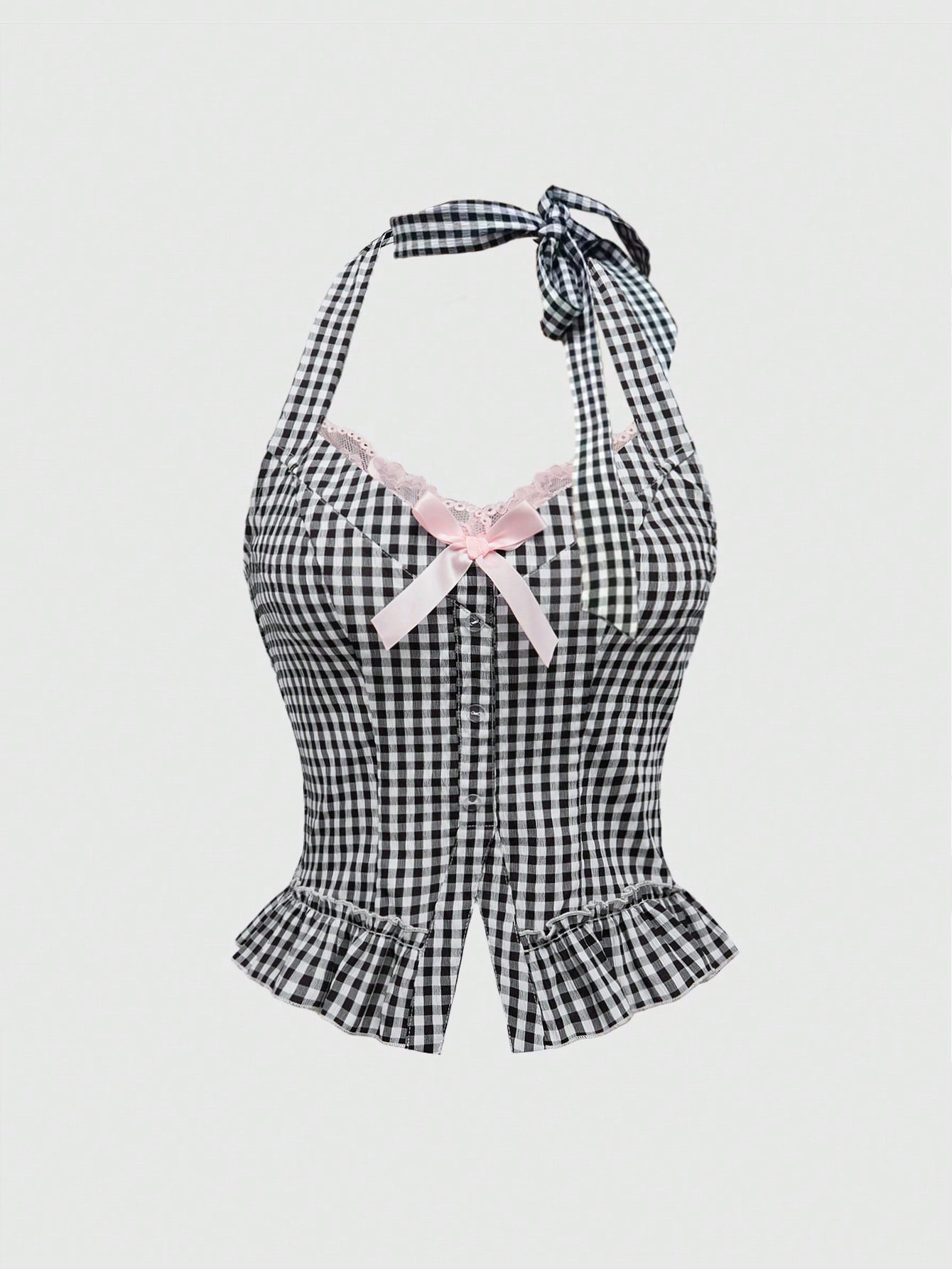 ROMWE Kawaii Top de mujer de 2 en 1 con cuello halter y decoración de lazo, lindo y dulce