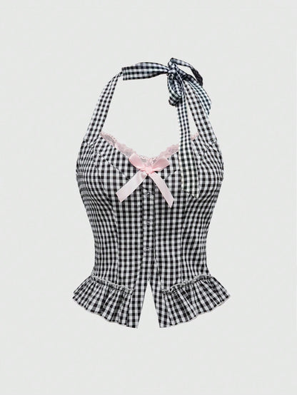 ROMWE Kawaii Top de mujer de 2 en 1 con cuello halter y decoración de lazo, lindo y dulce