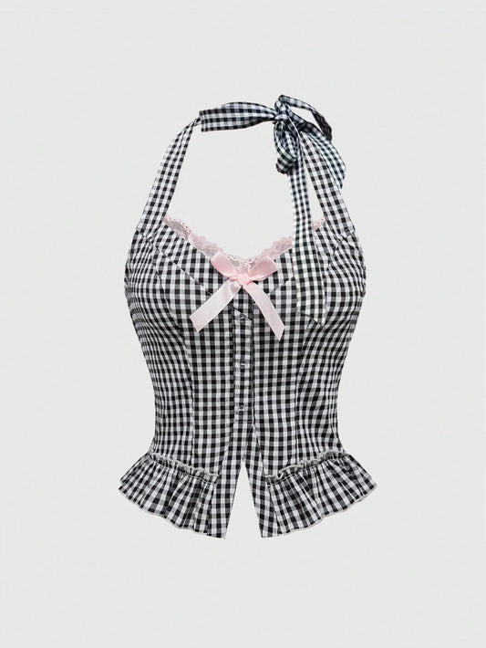 ROMWE Kawaii Top de mujer de 2 en 1 con cuello halter y decoración de lazo, lindo y dulce