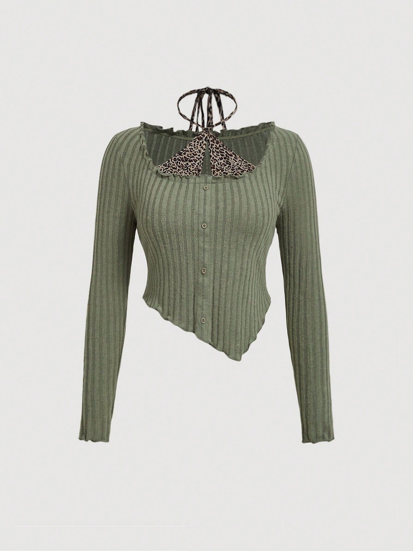 SHEIN MOD Camiseta verde de manga larga con cuello cuadrado vintage, con parches de estampado de leopardo y bajo asimétrico para talla grande
