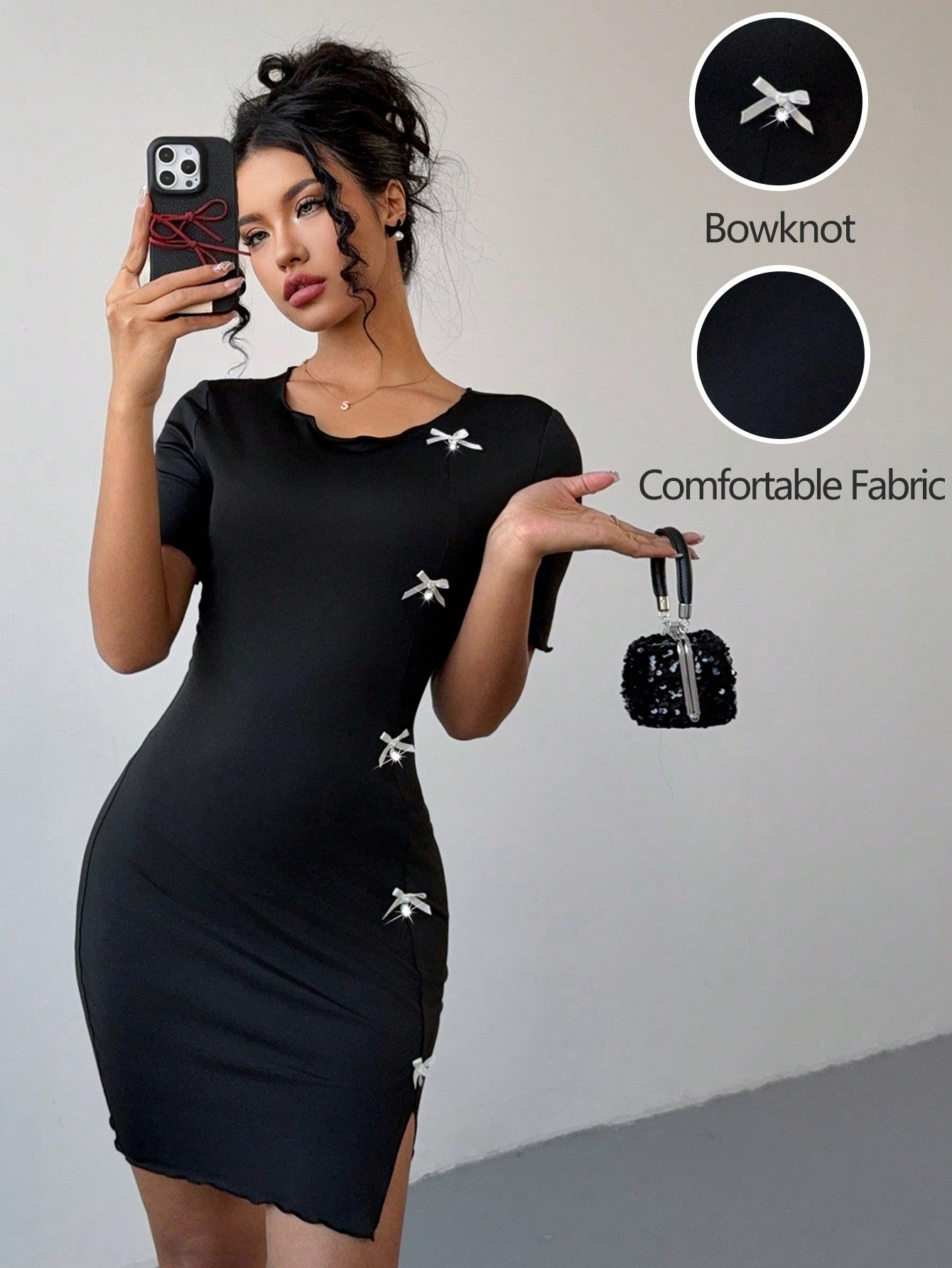 Rafferiza Vestido entallado de mujer de color negro sólido con lazo en la cintura