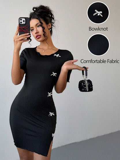 Rafferiza Vestido entallado de mujer de color negro sólido con lazo en la cintura
