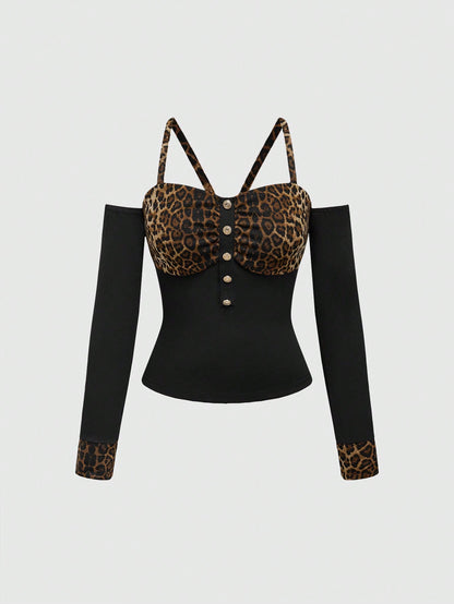 ROMWE Grunge Punk Top corto con espalda descubierta, puños y estampado de leopardo en patchwork con estilo Y2K Gyaru