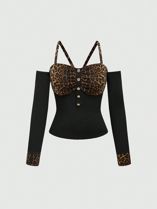 ROMWE Grunge Punk Top corto con espalda descubierta, puños y estampado de leopardo en patchwork con estilo Y2K Gyaru
