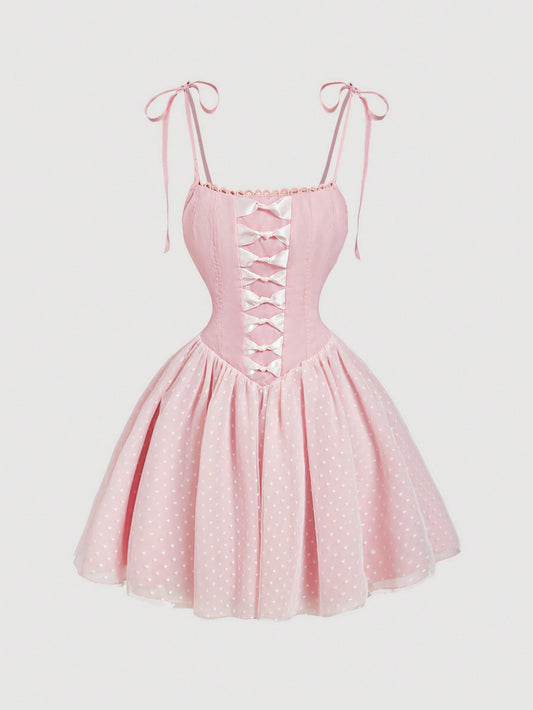 SHEIN MOD Vestido elegante rosa con lazo en la parte delantera y borde de malla, vestido de fiesta, atuendo de Año Nuevo, vestido de San Valentín, vestido de corsé con lazo, atuendos de festival