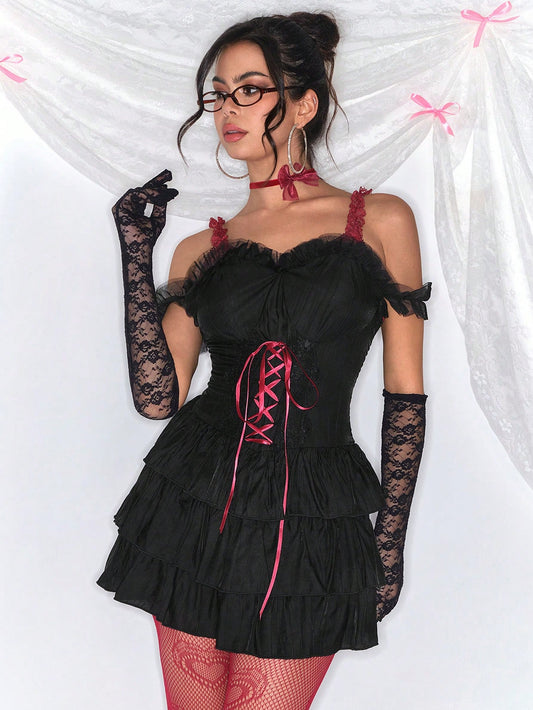 ROMWE Kawaii Vestido de mini dos piezas con estilo vintage, romántico, elegante para el Día de San Valentín, Kawaii, sexy, de un solo color, con cordones y volantes en el bajo