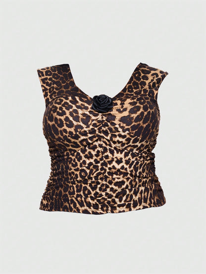 ROMWE J-Fashion Camiseta para mujer de talla grande con estampado de leopardo y decoración floral 3D