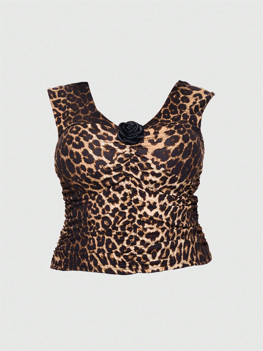 ROMWE J-Fashion Camiseta para mujer de talla grande con estampado de leopardo y decoración floral 3D