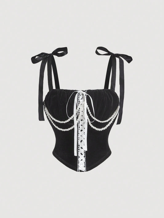 SHEIN MOD Top tipo corpiño de terciopelo negro ceñido con lazo de cinta, decoración de cadena con cuentas, estilo retro y vintage tipo palacio, conjunto de vacaciones para mujer, tops de corsé para mujeres, ropa para el Día de San Valentín