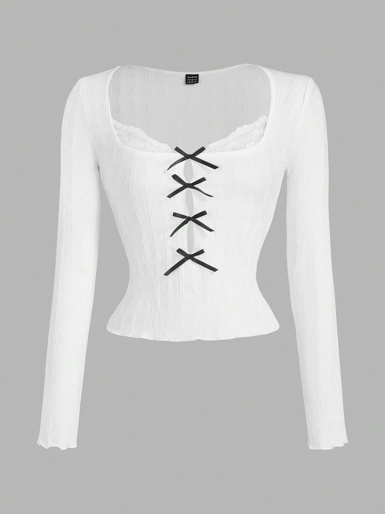 SHEIN MOD Camisetas slim fit para mujer con mangas largas y decoración de lazo de encaje de contraste