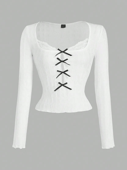 SHEIN MOD Camisetas slim fit para mujer con mangas largas y decoración de lazo de encaje de contraste