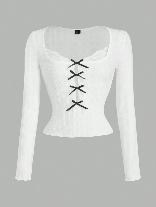 SHEIN MOD Camisetas slim fit para mujer con mangas largas y decoración de lazo de encaje de contraste