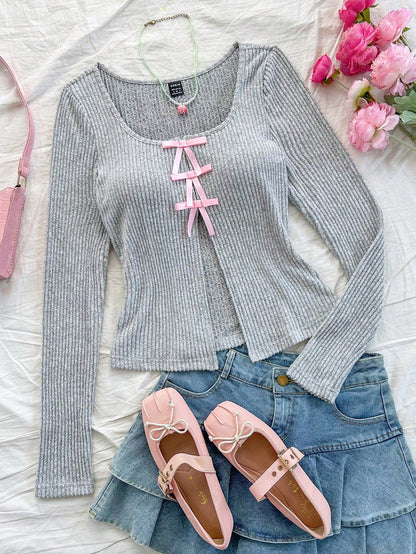 SHEIN Dreamara Sudadera térmica con capucha de costillas grises para vacaciones de mujer con cortes frontales y en el centro, lazo romántico rosa, manga larga, ajuste delgado, cálida y con estilo para otoño/invierno, adecuada para salidas