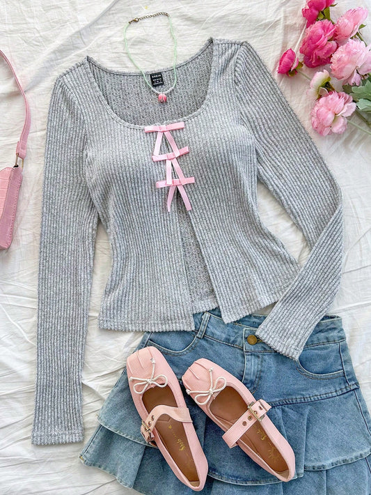 SHEIN Dreamara Sudadera térmica con capucha de costillas grises para vacaciones de mujer con cortes frontales y en el centro, lazo romántico rosa, manga larga, ajuste delgado, cálida y con estilo para otoño/invierno, adecuada para salidas