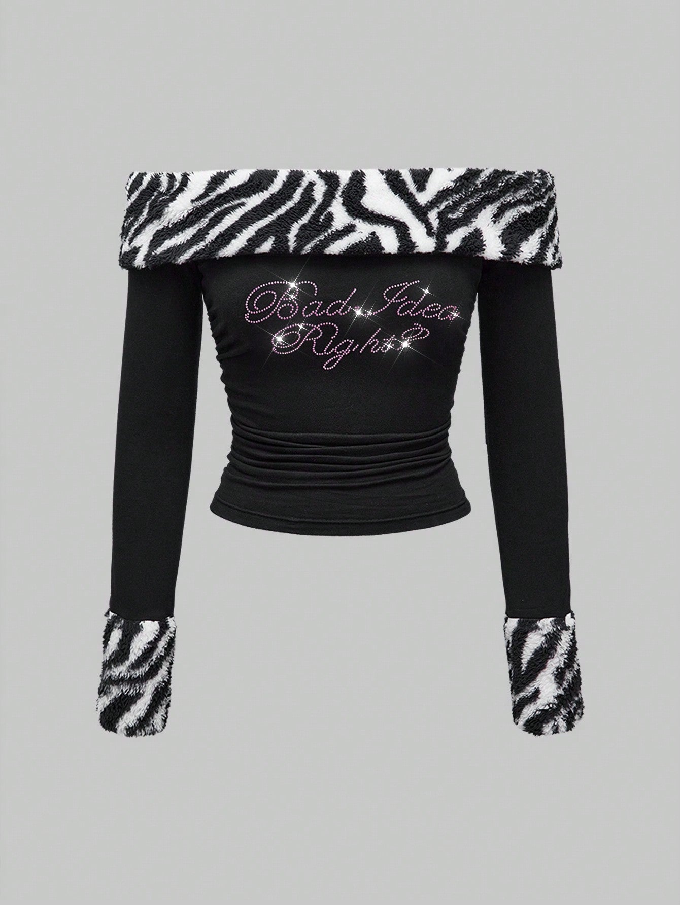 ROMWE Kawaii Camiseta casual para mujer con hombros descubiertos, adornada con peluche de cebra, cristales y strass estilo Y2K para otoño/invierno