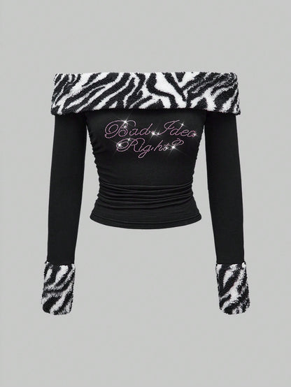 ROMWE Kawaii Camiseta casual para mujer con hombros descubiertos, adornada con peluche de cebra, cristales y strass estilo Y2K para otoño/invierno
