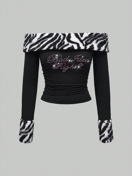 ROMWE Kawaii Camiseta casual para mujer con hombros descubiertos, adornada con peluche de cebra, cristales y strass estilo Y2K para otoño/invierno