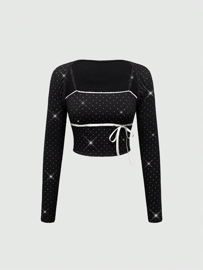 ROMWE Kawaii Conjunto de 2 piezas de top camisero y chaqueta con lazo y lunares románticos para Año Nuevo y San Valentín para mujeres