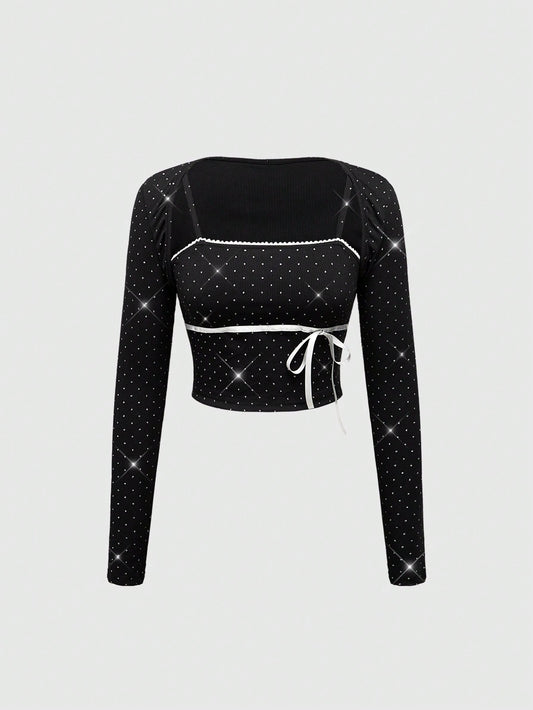 ROMWE Kawaii Conjunto de 2 piezas de top camisero y chaqueta con lazo y lunares románticos para Año Nuevo y San Valentín para mujeres