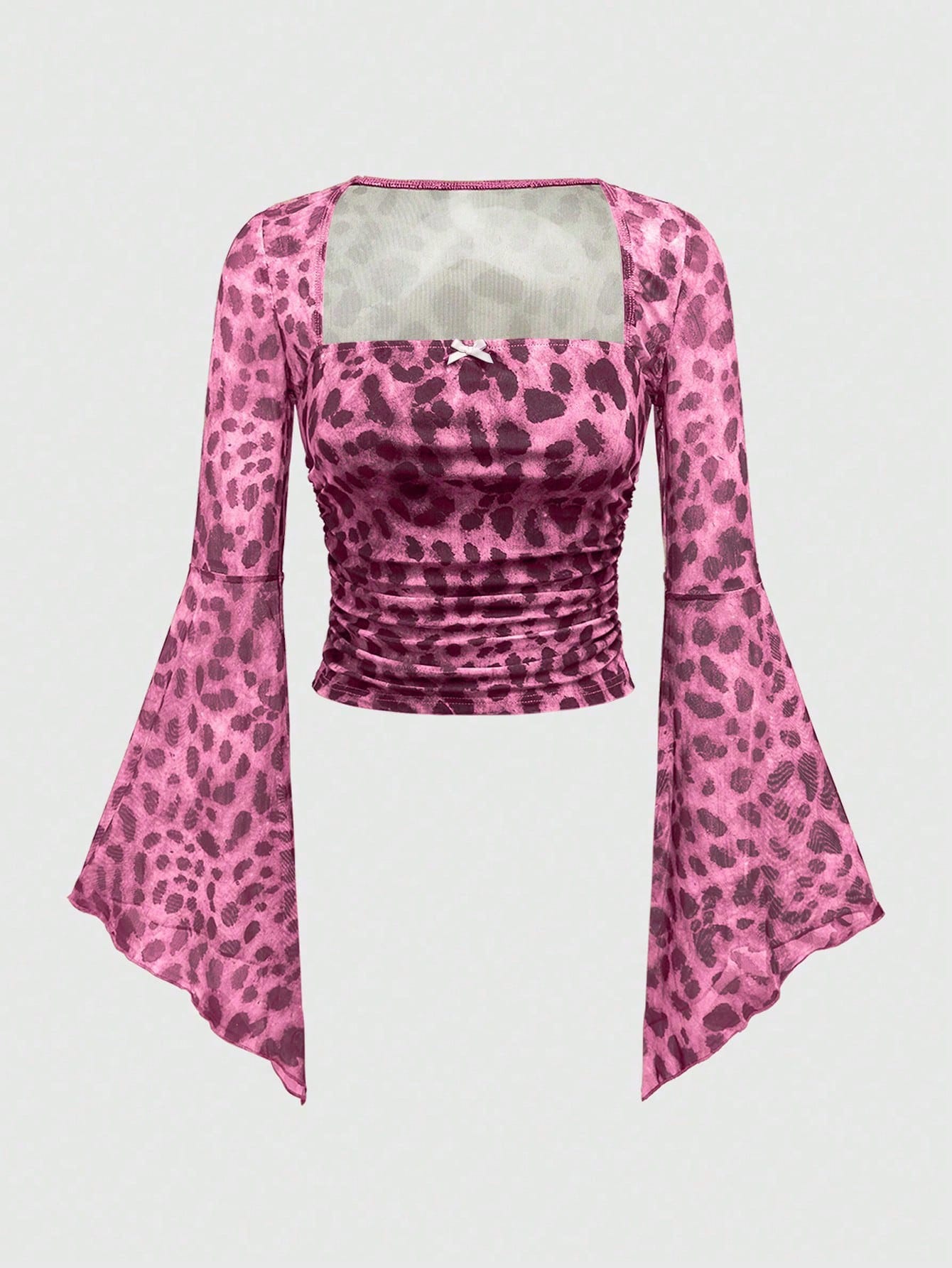 ROMWE Blusa con volantes de malla con estampado de leopardo para mujer