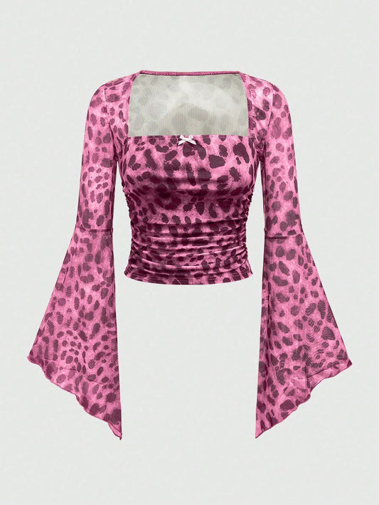 ROMWE Blusa con volantes de malla con estampado de leopardo para mujer