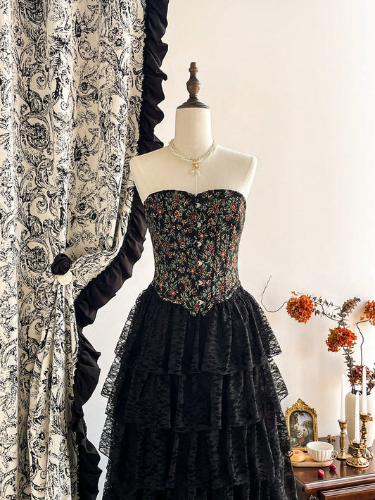 Vintamour Corset de punto jacquard floral elegante y vintage para mujer con botones de metal
