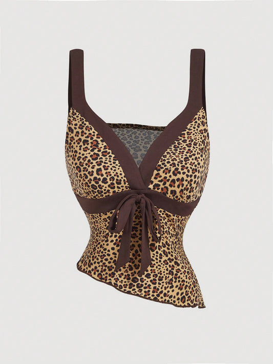 SHEIN MOD Parte superior ajustada de tirantes con cuello en V y ribete de contraste con estampado de leopardo, parte superior con estampado de tigre, parte superior con estampado de leopardo