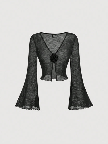 SHEIN MOD 1 pieza Cárdigan de manga larga con estampado floral 3D, de gasa y tejido de punto negro para mujer