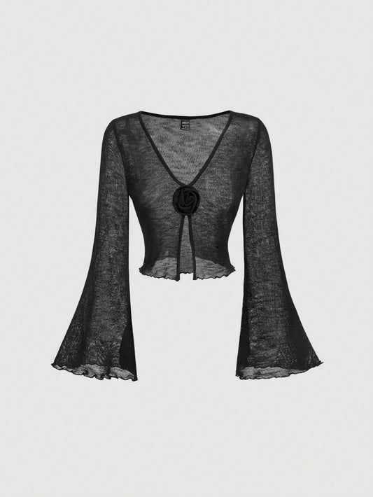 SHEIN MOD 1 pieza Cárdigan de manga larga con estampado floral 3D, de gasa y tejido de punto negro para mujer
