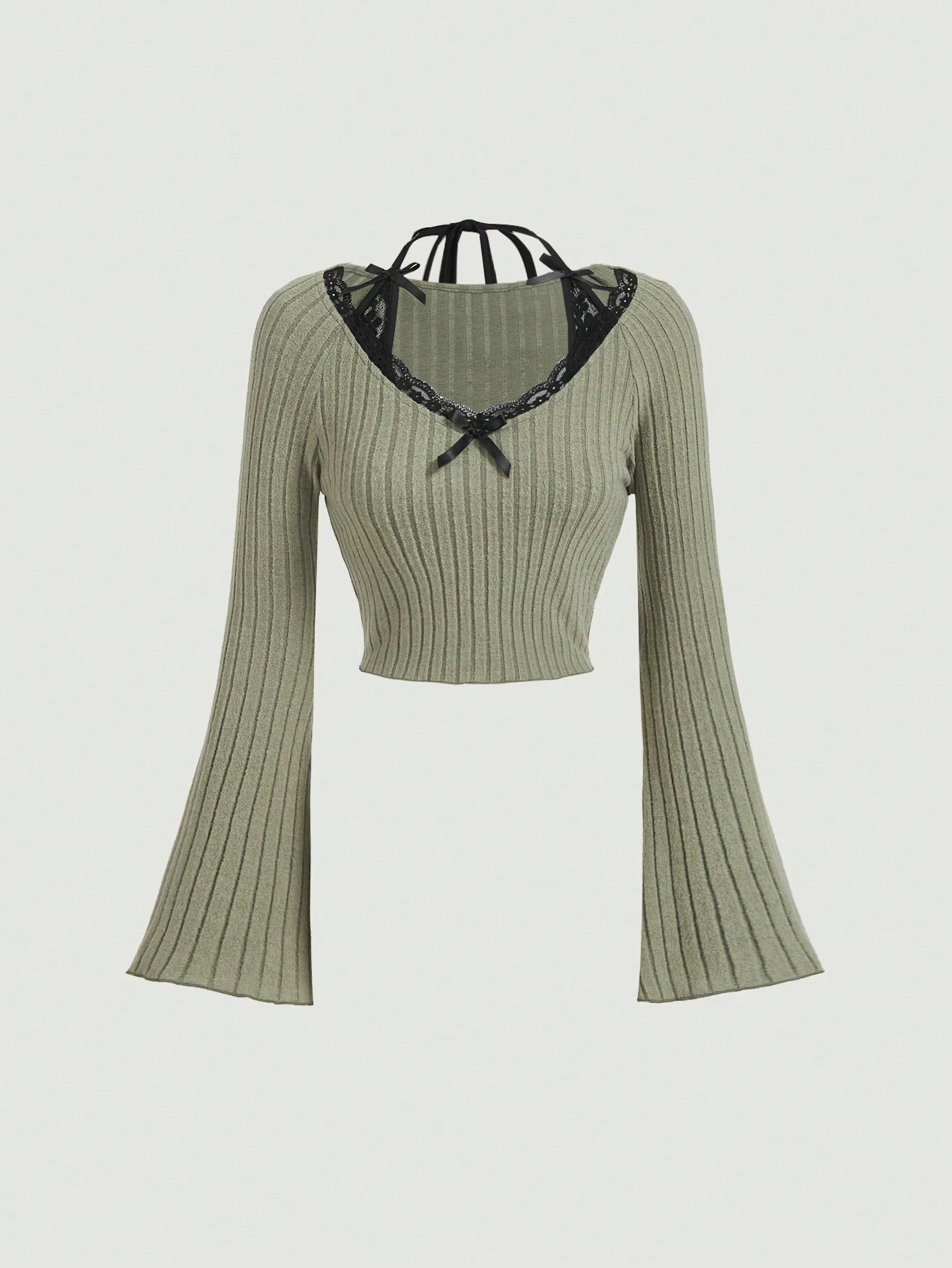 SHEIN MOD Camiseta verde con mangas trompeta de encaje