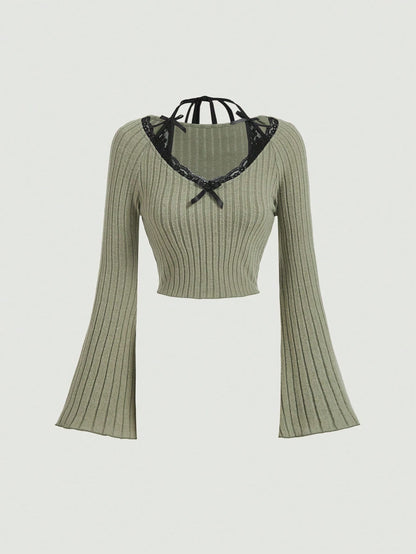 SHEIN MOD Camiseta verde con mangas trompeta de encaje