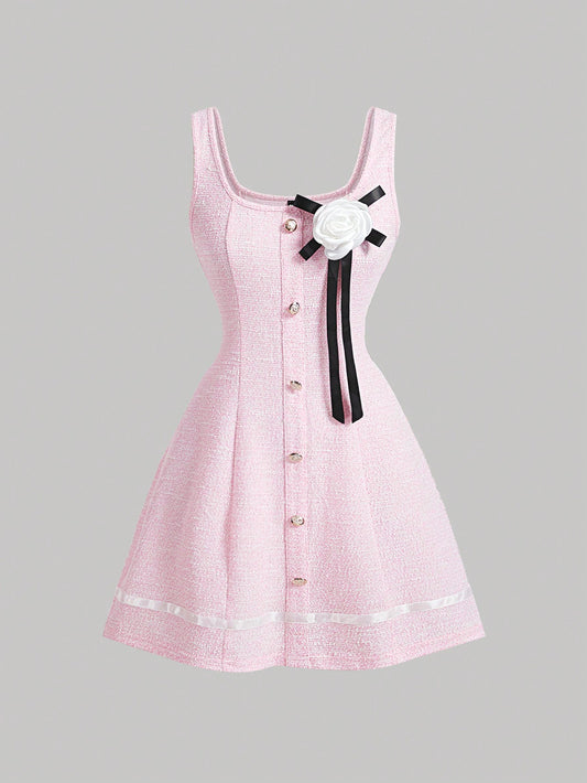 SHEIN MOD Vestido con decoración de hebilla de metal en el cuello de solapa de color contrastante a cuadros color rosa, vestido de chaleco corto sin mangas para mujer,